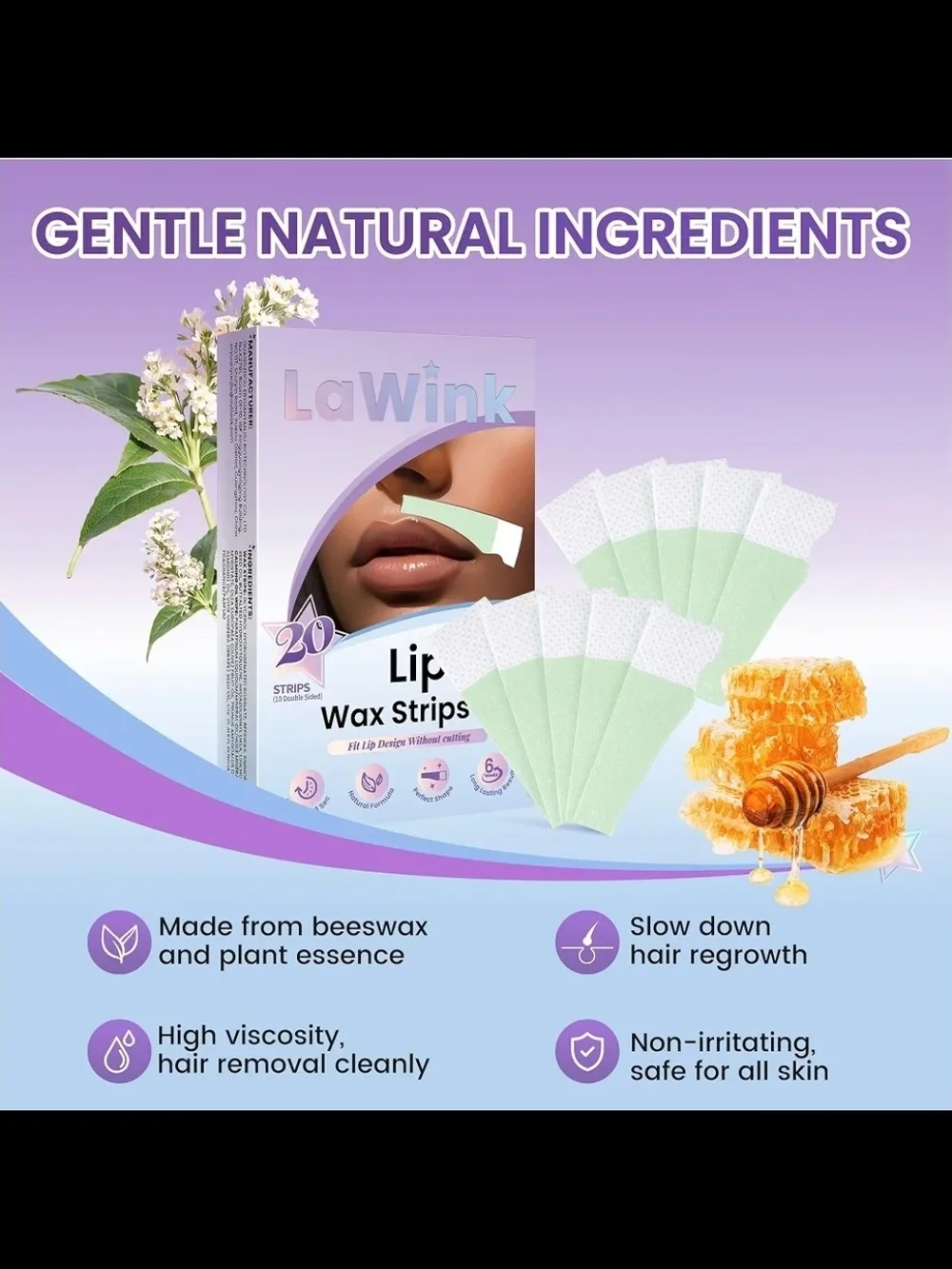 LAWINK 20pcs Upper Lip Wax Strips, Facial Wax Strips Kit with Calming Oil Wipes